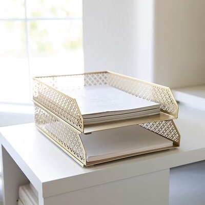 Gold Desk Organizer Stackable Paper Tray Set Of 2 - Metal Two Tier Tray - Stackable Letter Tray - Inbox Tray For Desk - Image 0