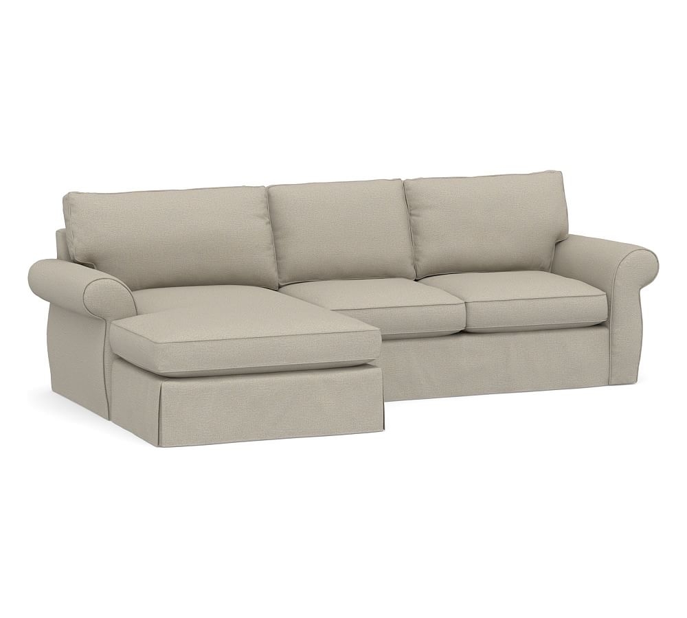 Pearce Roll Arm Slipcovered Right Arm Loveseat with Double Chaise Sectional, Down Blend Wrapped Cushions, Performance Boucle Fog - Image 0