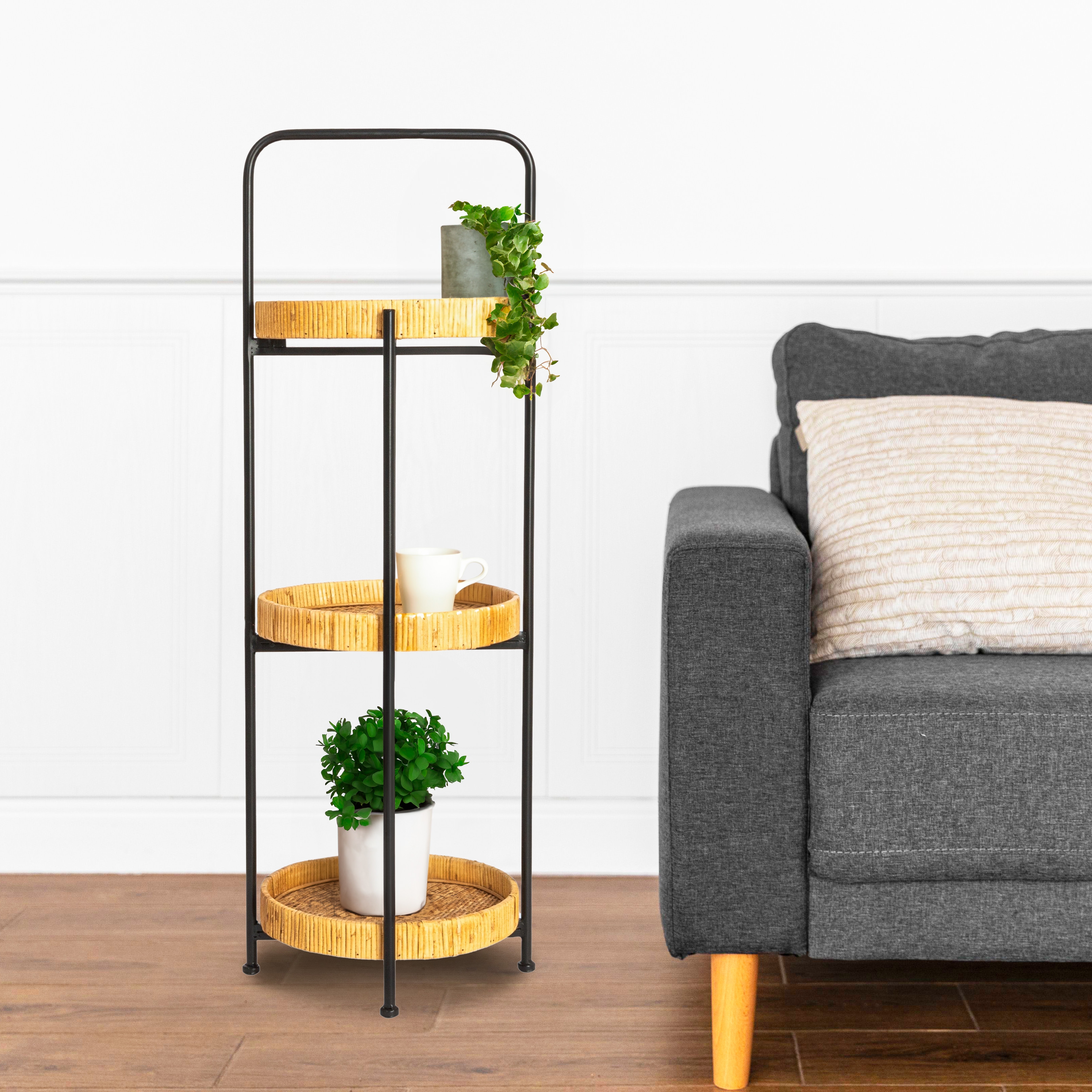 Modern Arched Metal Plant Stand or Shelf with 3 Round Removable Rattan Trays, Black with Natural - Image 0