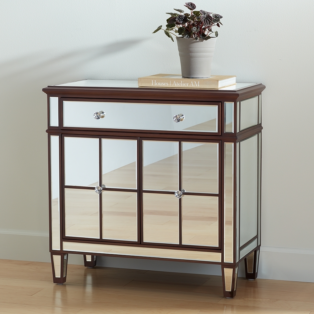 Vincent 32" Wide Mirrored and Brushed Oak Accent Cabinet - Image 0
