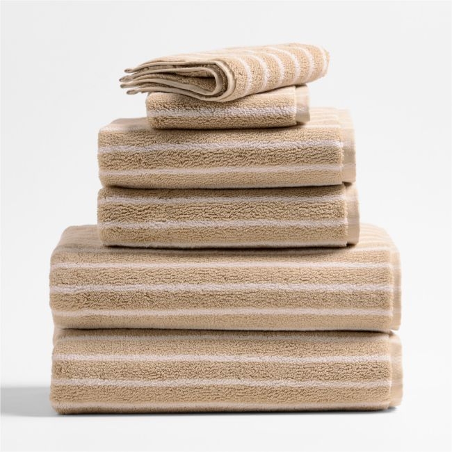 Organic Turkish Cotton Sand Beige and Crisp White Stripe Bath Towels, Set of 6 - Image 0