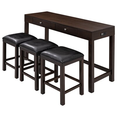 4-Piece Counter Height Table Set With Socket And Leather Padded Stools,2 Drawers, Espresso - Image 0