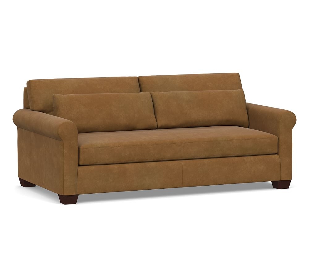 York Deep Seat Roll Arm Leather Sofa 83" with Bench Cushion, Polyester Wrapped Cushions, Nubuck Camel - Image 0