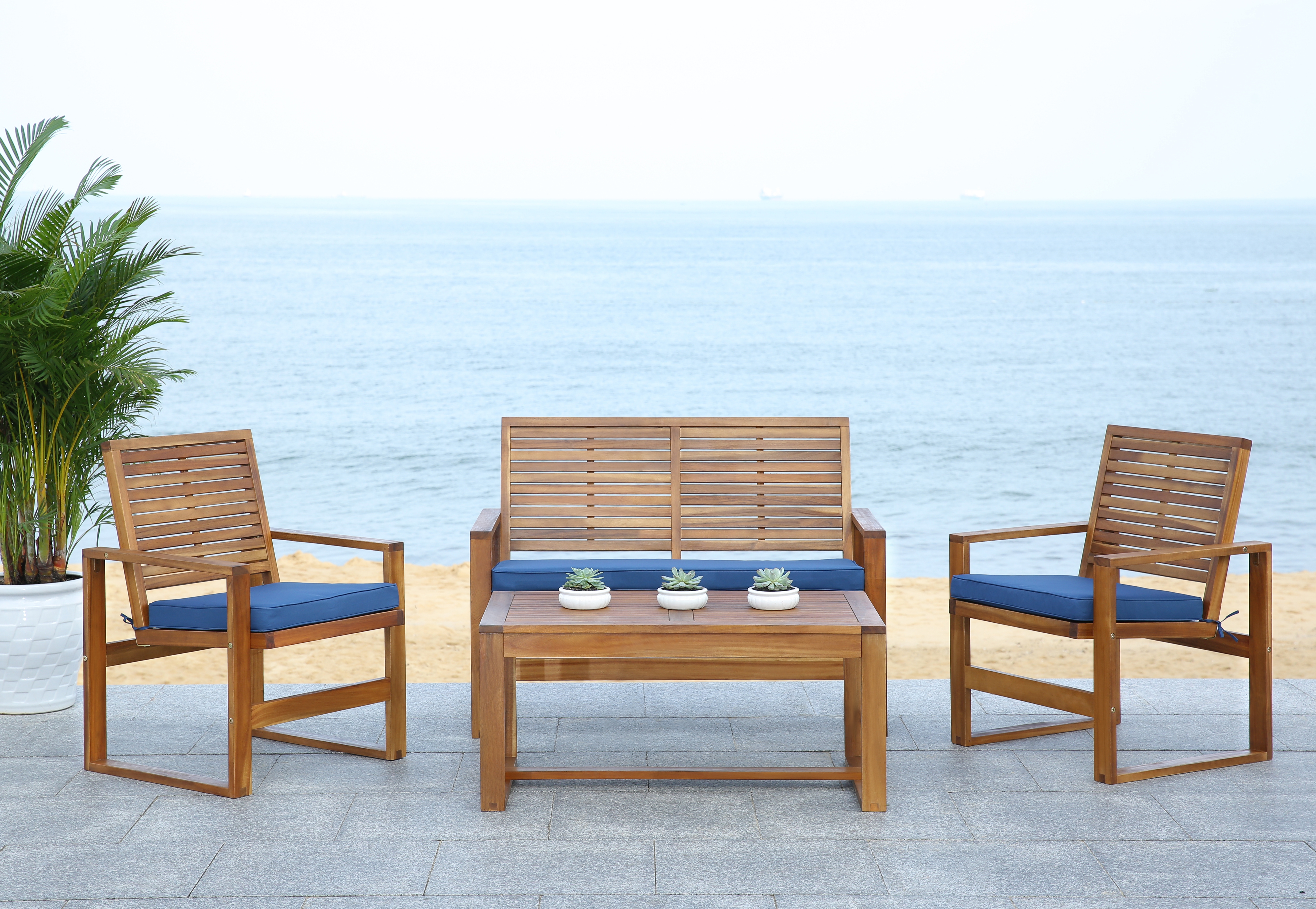 Ozark 4 Piece Outdoor Living Set - Brown/Navy - Safavieh - Image 3