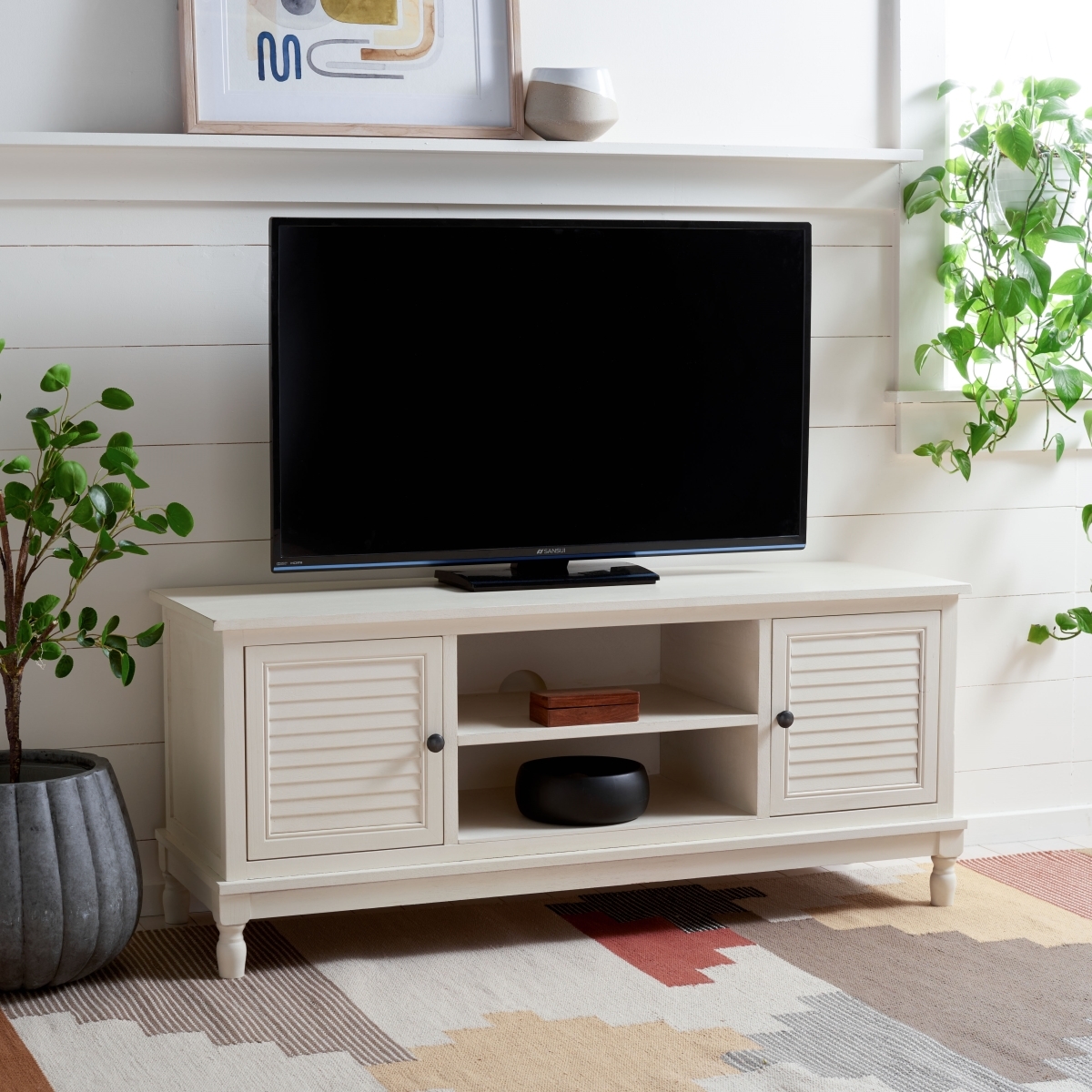 Tate 2 Door 1 Shelf Media Stand - Distressed / White - Safavieh - Image 1