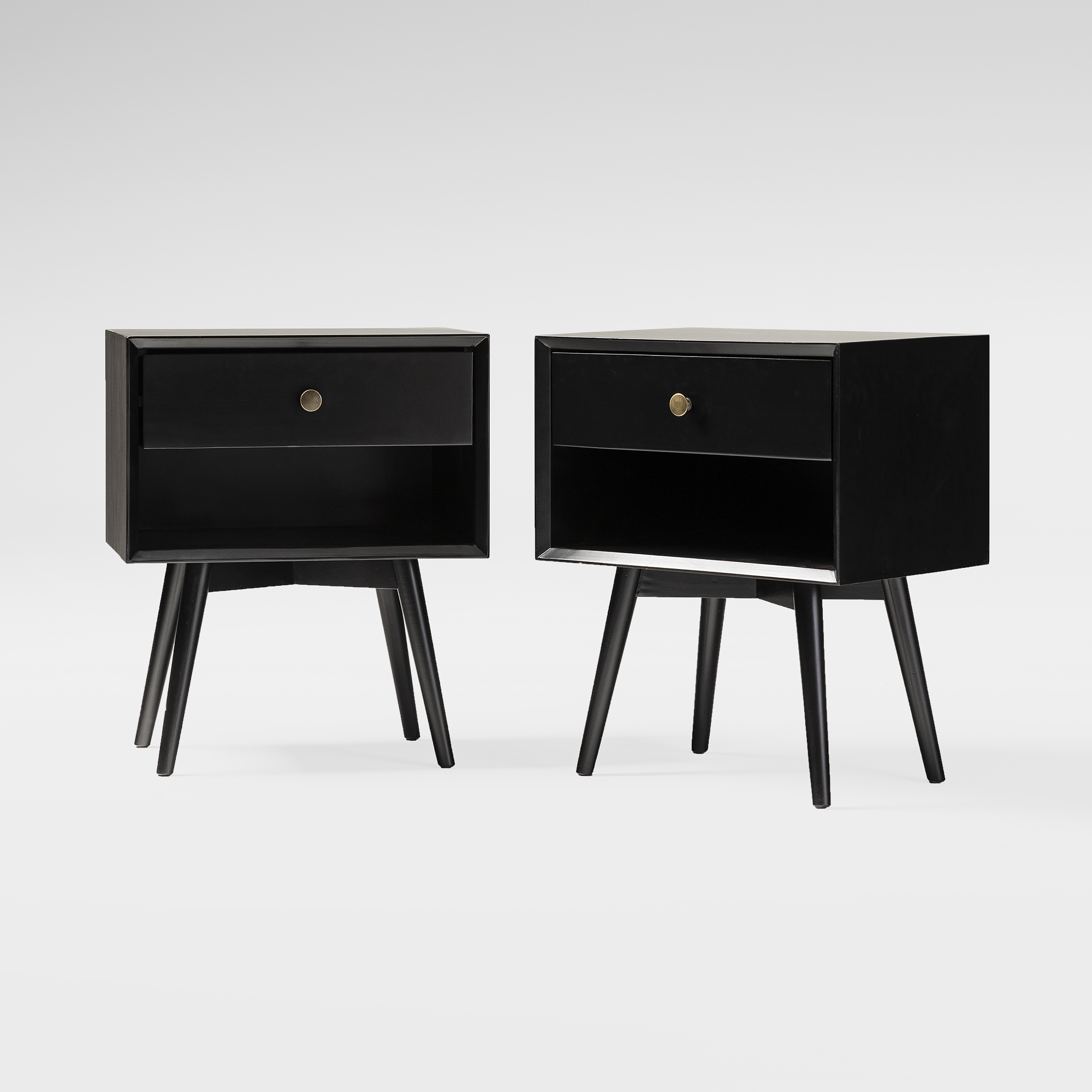 2 Piece 1-Drawer Mid-Century Solid Wood Nightstand - Black - Image 5