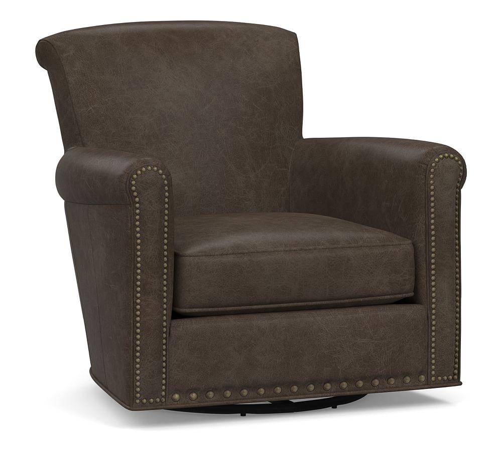Irving Roll Arm Leather Swivel Armchair, Bronze Nailheads, Polyester Wrapped Cushions, Statesville Wolf Gray - Image 0