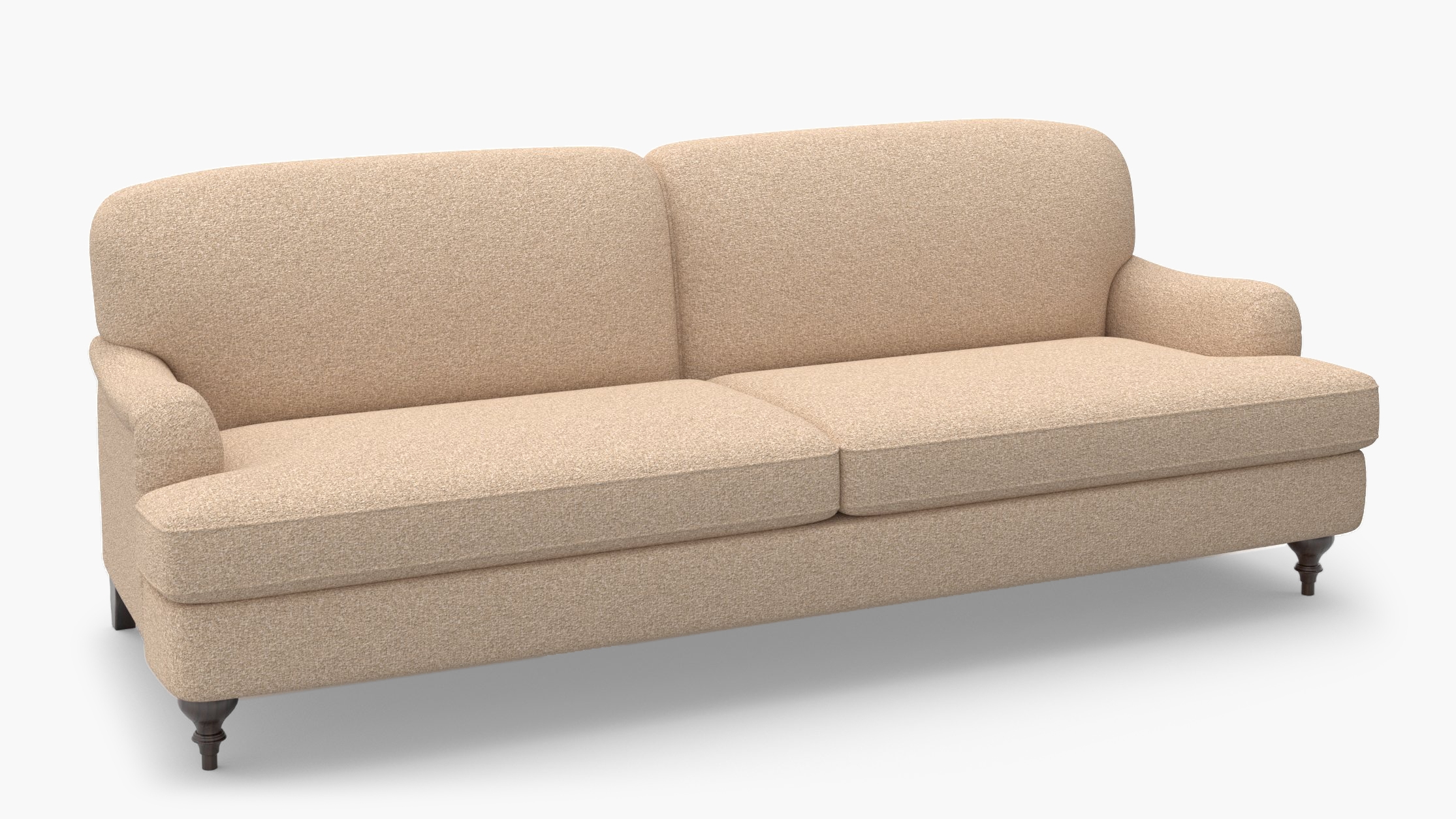English Roll Arm Sofa, Buff Boucle, Espresso Turned Wood Leg - Image 1