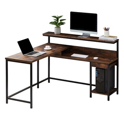 Mcbrayer L-Shaped Computer Desk With Monitor Shelf And CPU Stand, Industrial Corner Office Desk Study Desk Large Workstation For Home And Office (Tiger) - Image 0