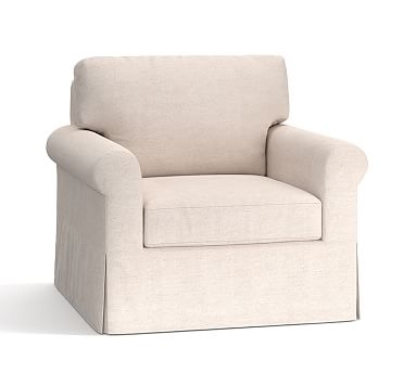 York Roll Arm Slipcovered Swivel Armchair, Down Blend Wrapped Cushions, Performance Brushed Basketweave Chambray - Image 0