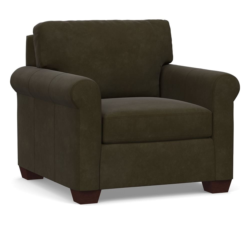 York Roll Arm Leather Armchair, Polyester Wrapped Cushions, Aviator Blackwood - Image 0