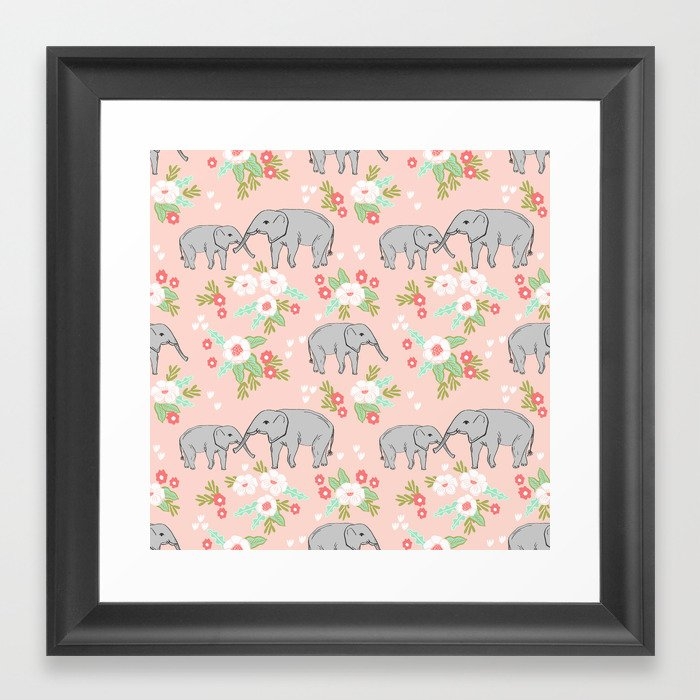 Elephants Pattern Blush Pink Pastel With Florals Cute Nursery Baby Animals Lucky Gifts Framed Art Print by Charlottewinter - Scoop Black - X-Small 10" x 10"-12x12 - Image 0