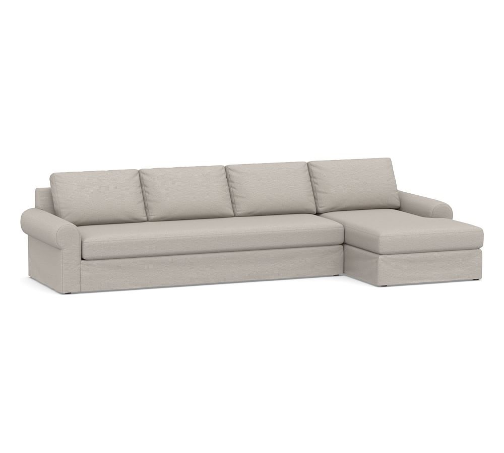 Big Sur Roll Arm Slipcovered Left Arm Grand Sofa with Chaise Sectional and Bench Cushion, Down Blend Wrapped Cushions, Chunky Basketweave Stone - Image 0