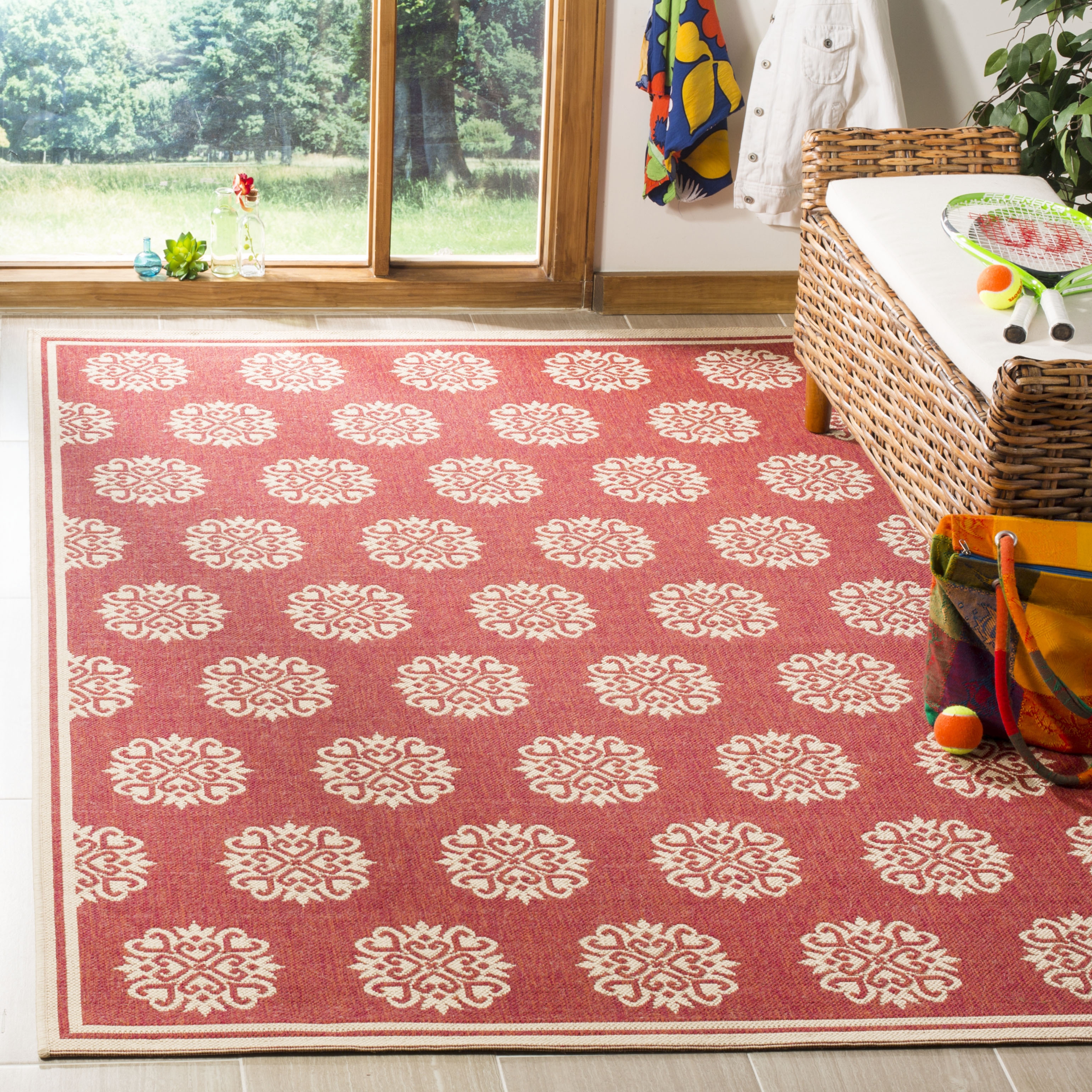 Arlo Home Indoor/Outdoor Woven Area Rug, LND181Q, Red/Cream,  5' 1" X 7' 6" - Image 1