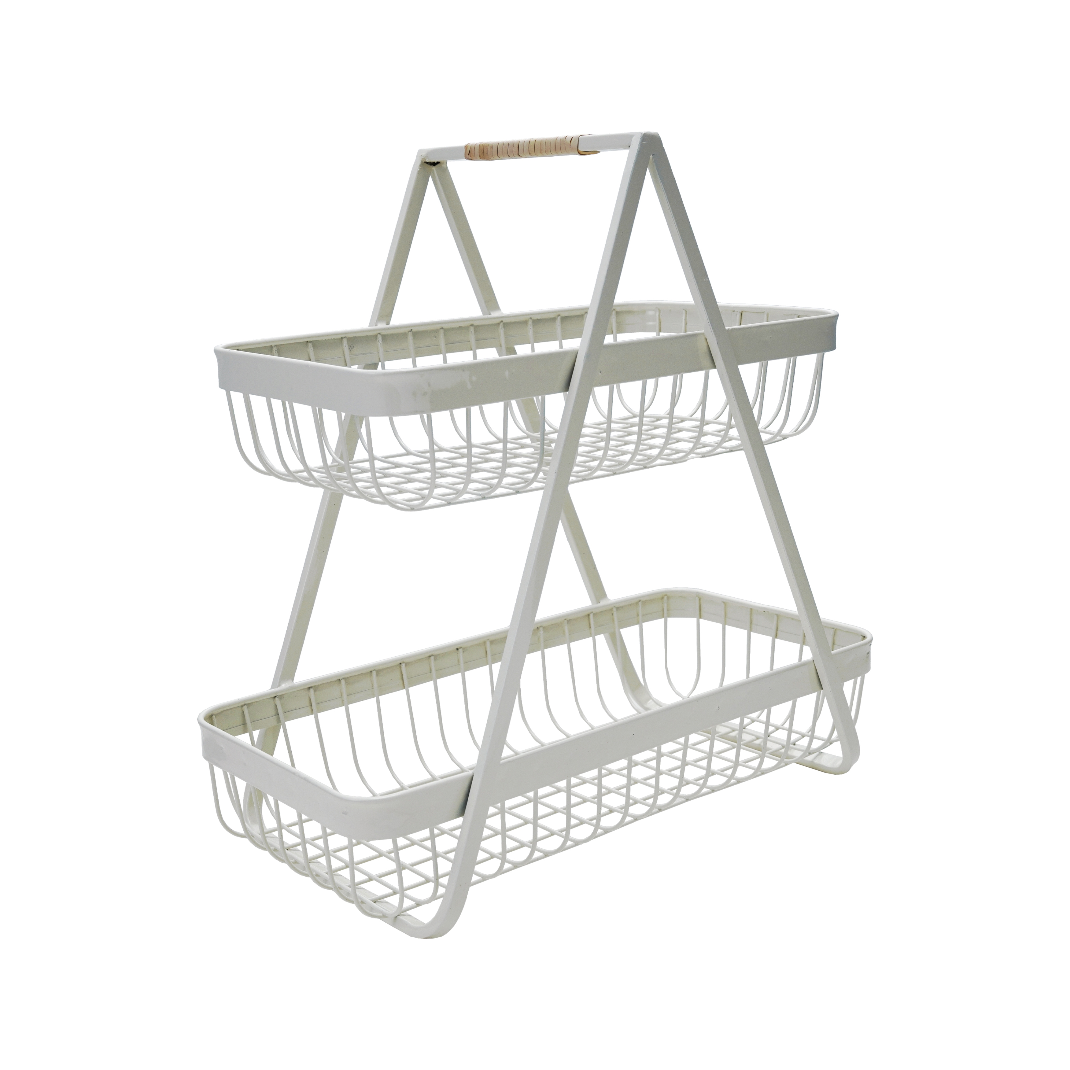 Decorative Metal 2-Tier Tray with Rattan Wrapped Handle, White - Image 0