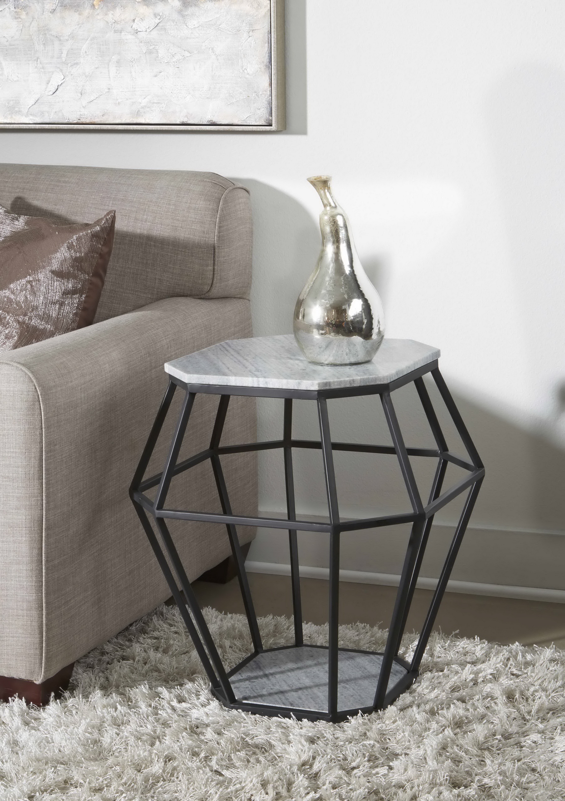 Octagonal Accent Table - Whispy Grey Marble & Black Powder Coat - Image 3