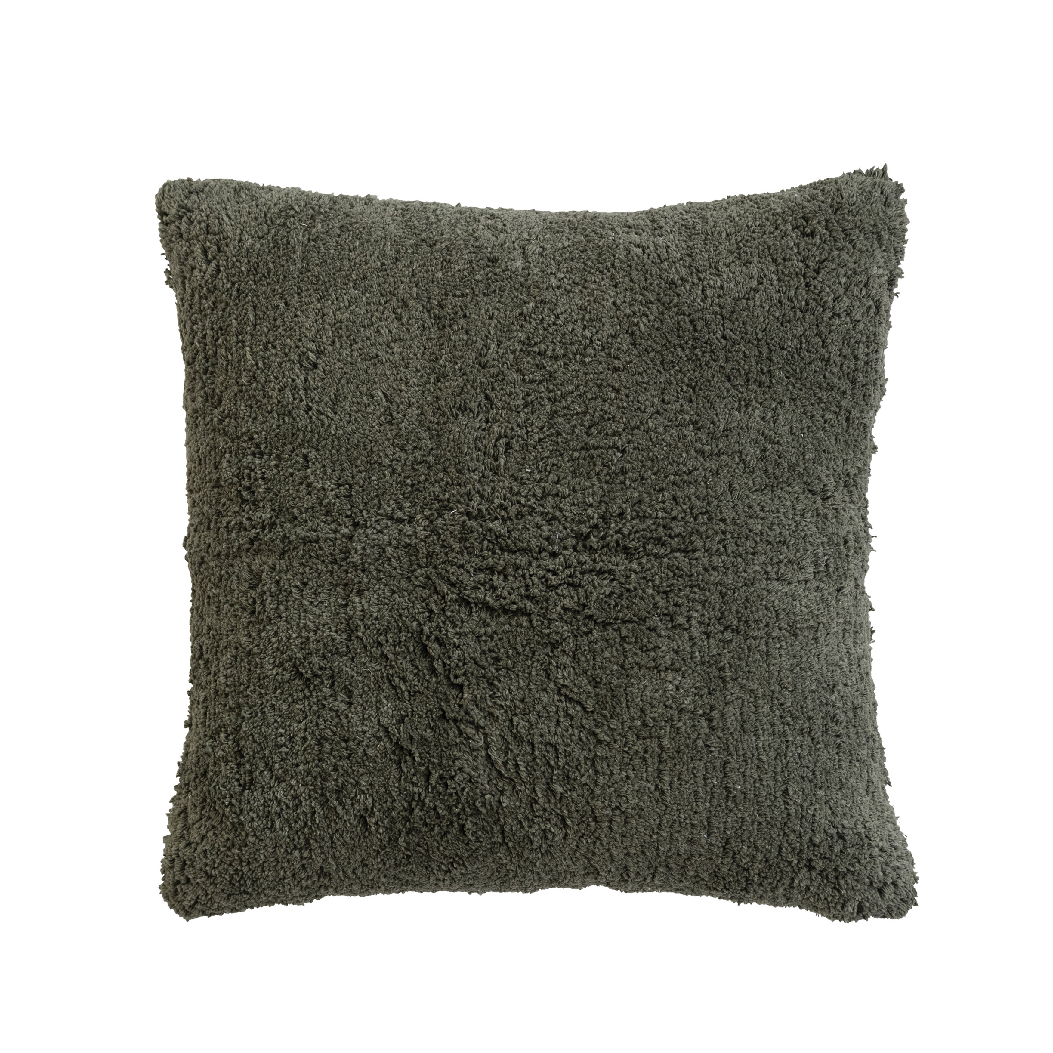 18 Inches Square Cotton Tufted Pillow with Chambray Back, Forest Green and Natural - Image 0