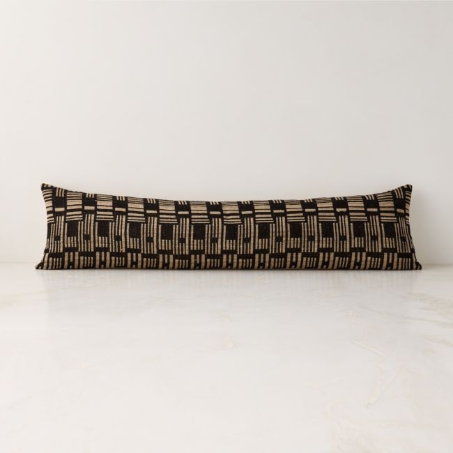 Melrose Black with Sand Woven Jacquard Wool and Silk Lumbar Pillow Cover 48"x12" - Image 0