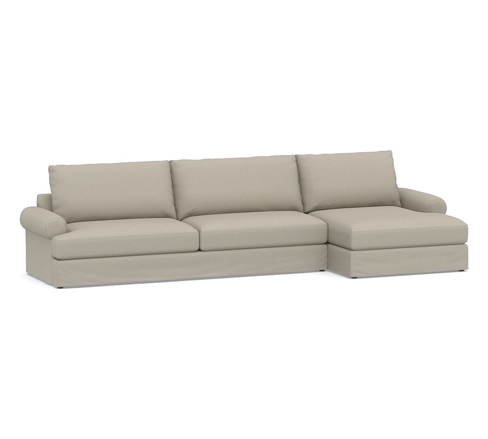 Canyon Roll Arm Slipcovered Left Arm Sofa with Double Chaise Sectional, Down Blend Wrapped Cushions, Performance Boucle Fog - Image 0