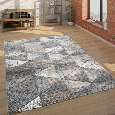 Modern Rug For Living Rooms, Geometric Design Used-Look, 3D Pattern In Beige - Image 0
