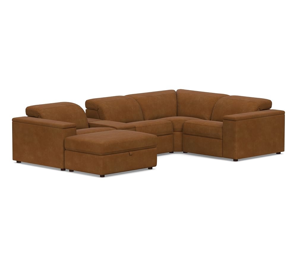 Ultra Lounge Square Arm Leather 6-Piece Reclining Sectional, Down Blend Wrapped Cushions, Nubuck Caramel - Image 0