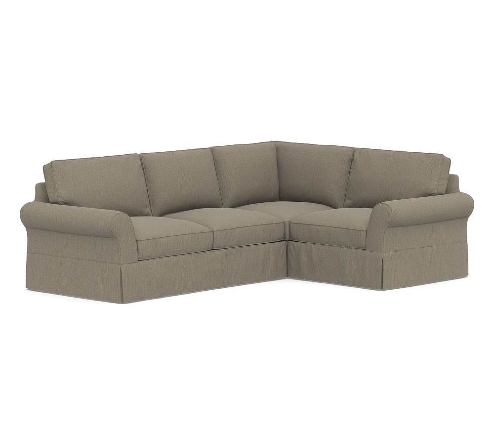 PB Comfort Roll Arm Slipcovered Left Arm 3-Piece Corner Sectional, Box Edge Down Blend Wrapped Cushions, Chenille Basketweave Taupe - Image 0