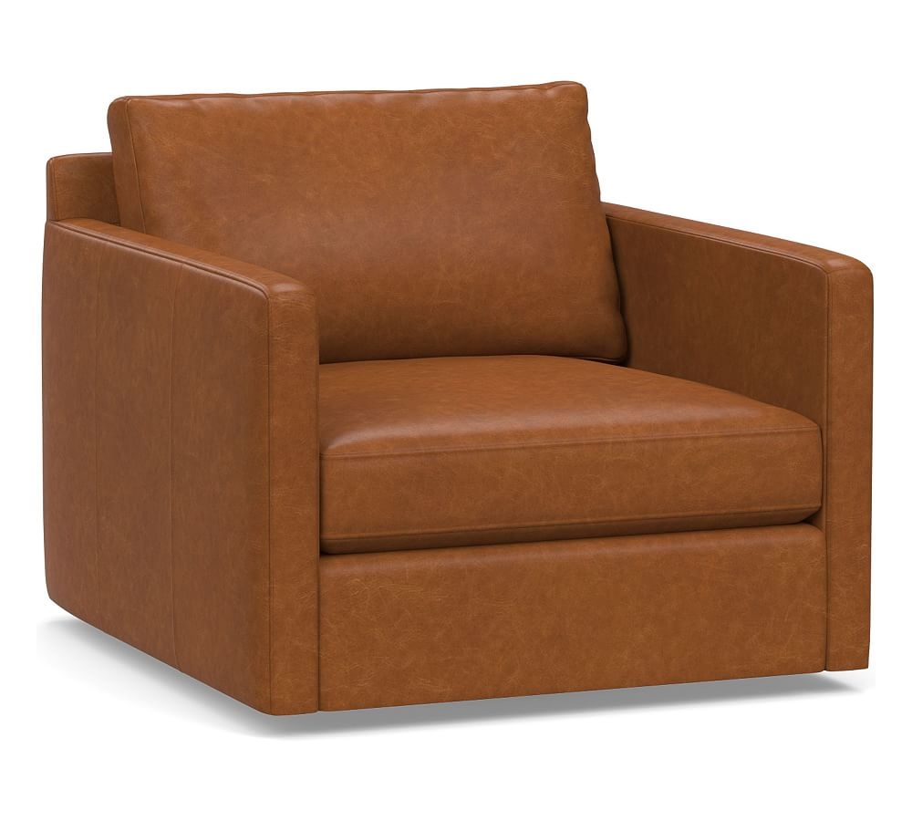 Pacifica Square Arm Leather Swivel Armchair, Polyester Wrapped Cushions, Statesville Caramel - Image 0