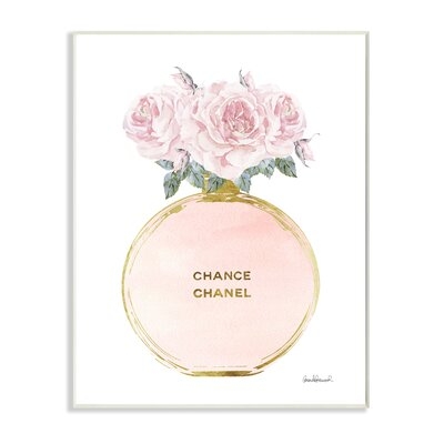 Pink and Gold Round Perfume Bottle with Roses - Graphic Art Print - Image 0