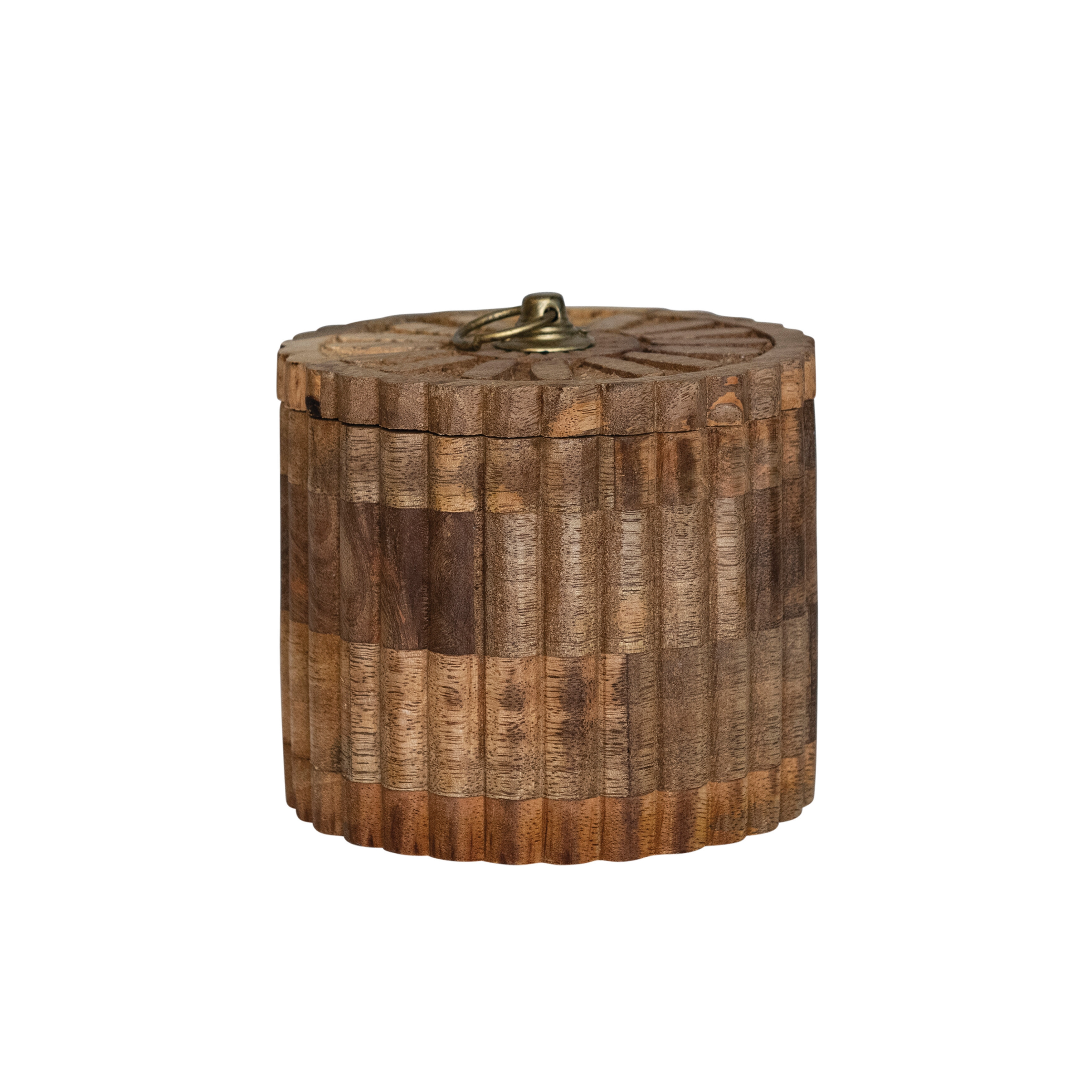 5.75 Inches Round Carved Mango Wood Pleated Box with Lid and Metal Pull, Natural and Antique Gold Finish - Image 0
