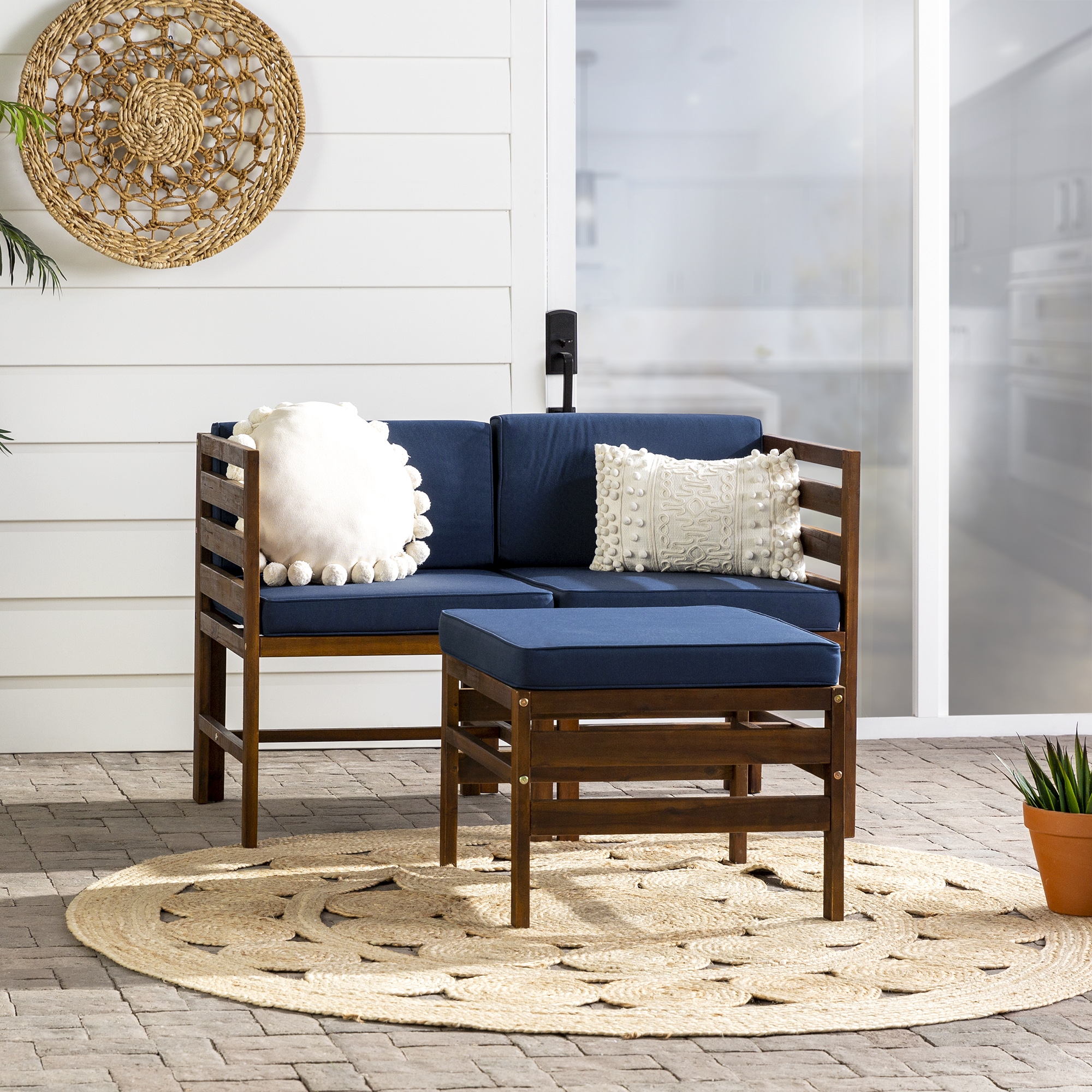 Sanibel Modular Acacia Patio Arm Chairs and Ottoman - Dark Brown/Navy Blue  - Image 4