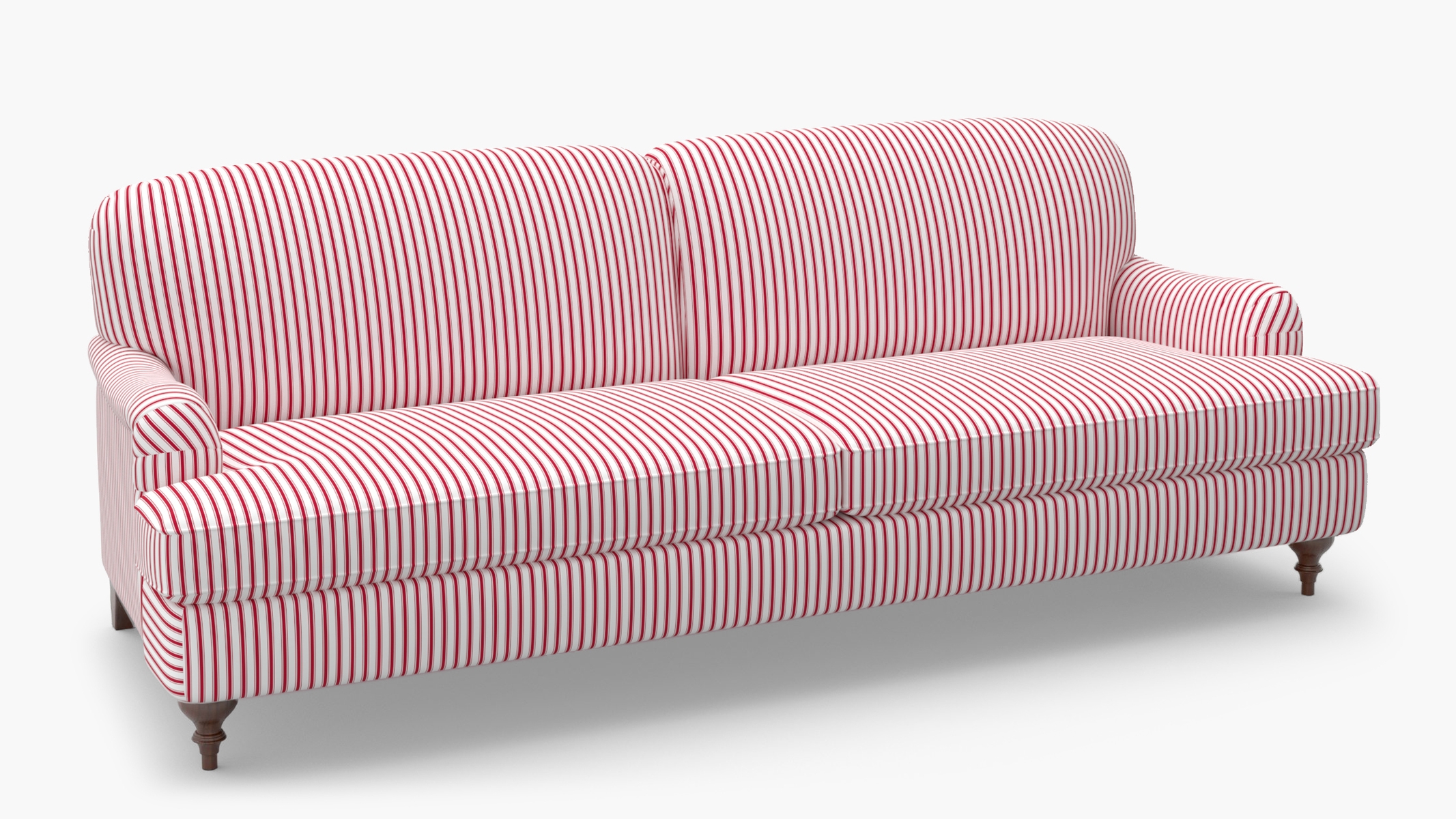 English Roll Arm Sofa, Red Classic Ticking Stripe, Walnut Turned Wood Leg - Image 1