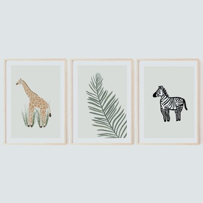Safari Giraffe, Zebra, And Palm Leaf Art Prints (Set Of 3) For Nursery Room, Kids Bedroom And Playroom Wall Art - Image 0