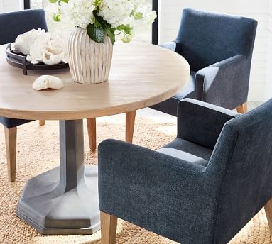 PB Classic Upholstered Dining Side Chair, Blackened Oak Legs, Premium Performance Basketweave Light Gray - Image 1