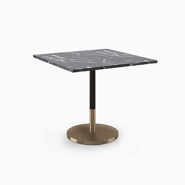 Restaurant Table:Top 36" Square: White Faux Marble + Dining Ht Orbit Base: Bronze/Brass - Image 2