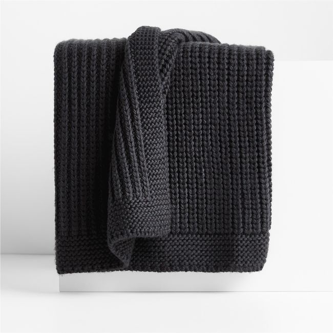 Storm Grey Wool Blend 70''x55" Fisherman Knit Throw Blanket - Image 0