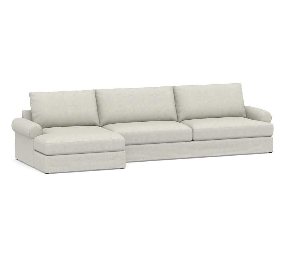 Canyon Roll Arm Slipcovered Right Arm Sofa with Double Chaise Sectional, Down Blend Wrapped Cushions, Performance Heathered Basketweave Dove - Image 0