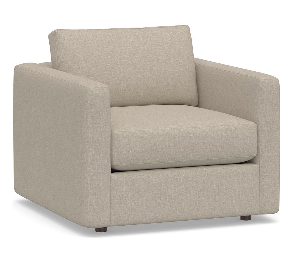 Carmel Slim Square Arm Upholstered Armchair, Down Blend Wrapped Cushions, Performance Brushed Basketweave Sand - Image 0