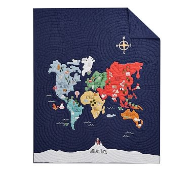 World Map Quilt, Full/Queen, Navy Multi - Image 0