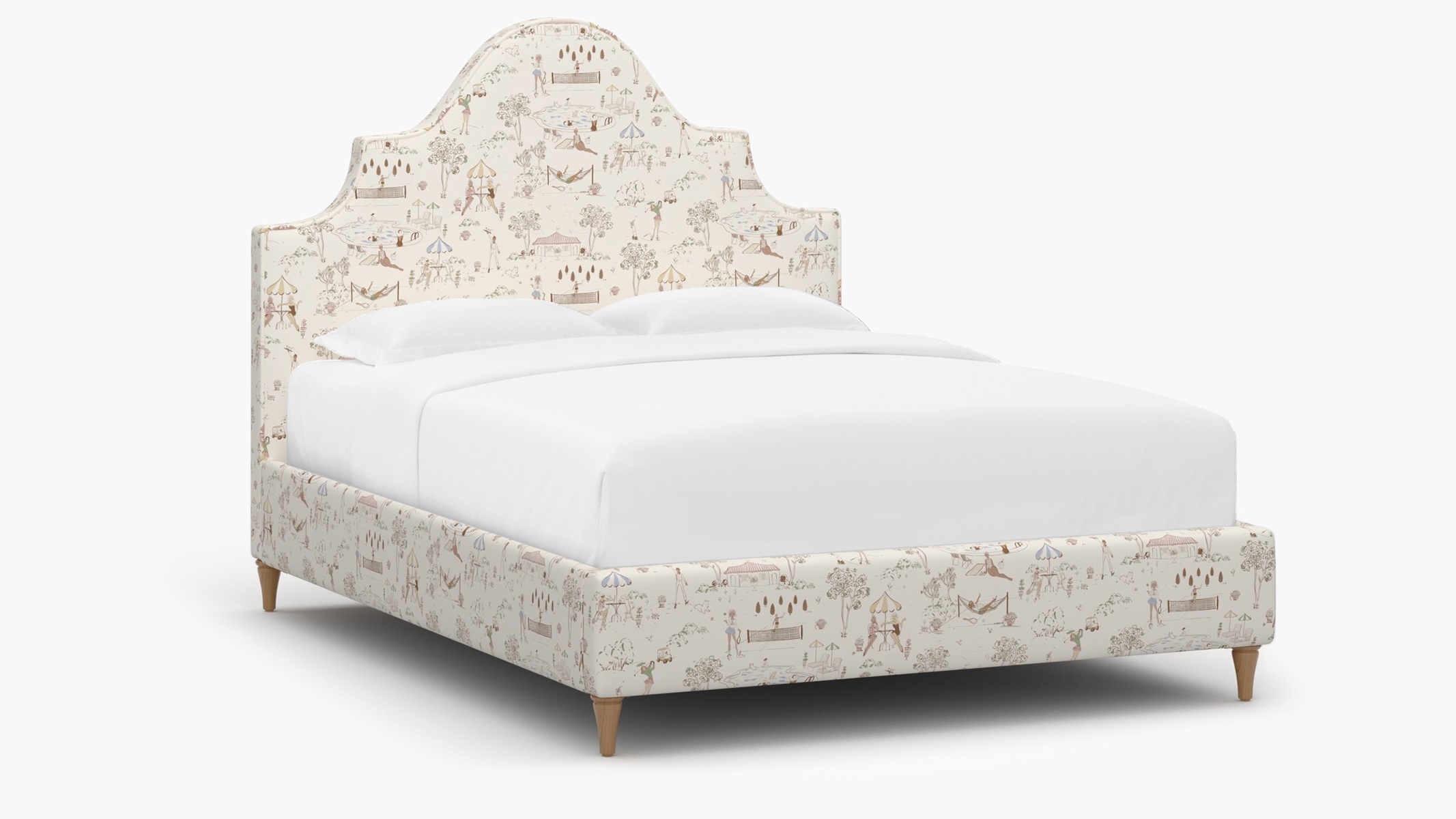 Statement Bed, Multi Country Club Toile, Natural Decorative Tapered Leg, Twin - Image 1