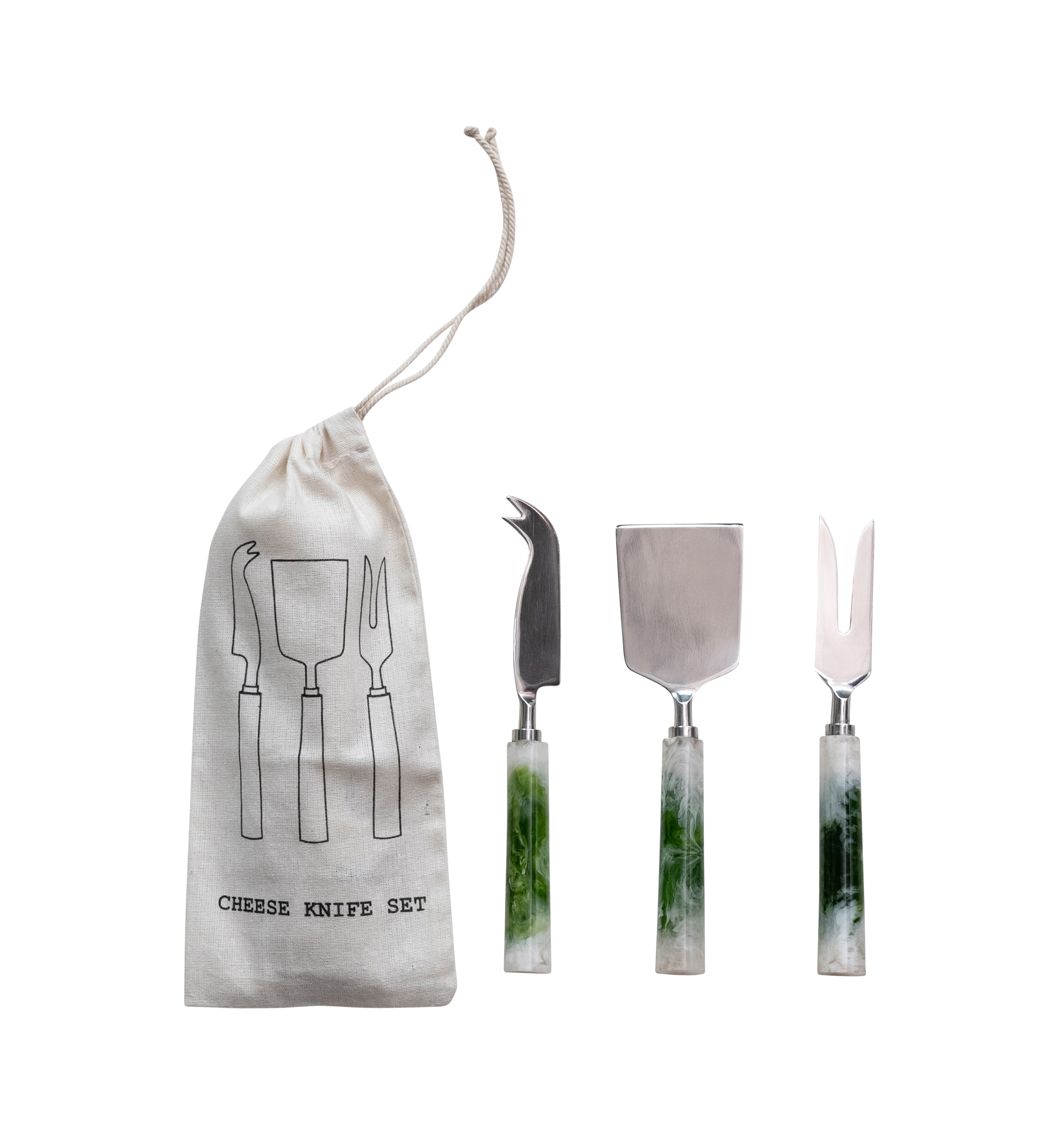 3-Piece Stainless Steel Cheese Utensils with Marbled Resin Handles, Green and White - Image 0