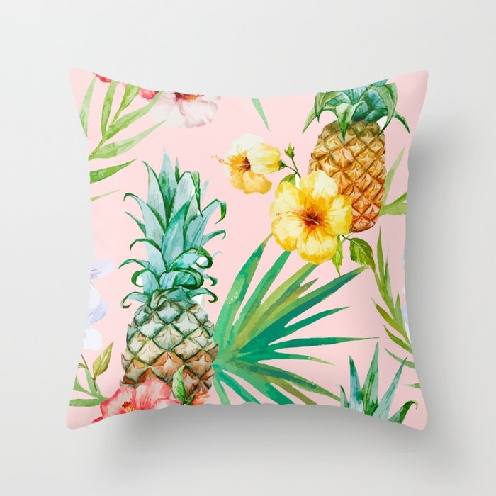 Hawaii | Vintage Tropical Botanical Jungle | Floral Watercolor Blush Pastel Pineapple Palm Painting Throw Pillow by 83 Oranges Free Spirits - Cover (16" x 16") With Pillow Insert - Outdoor Pillow - Image 0