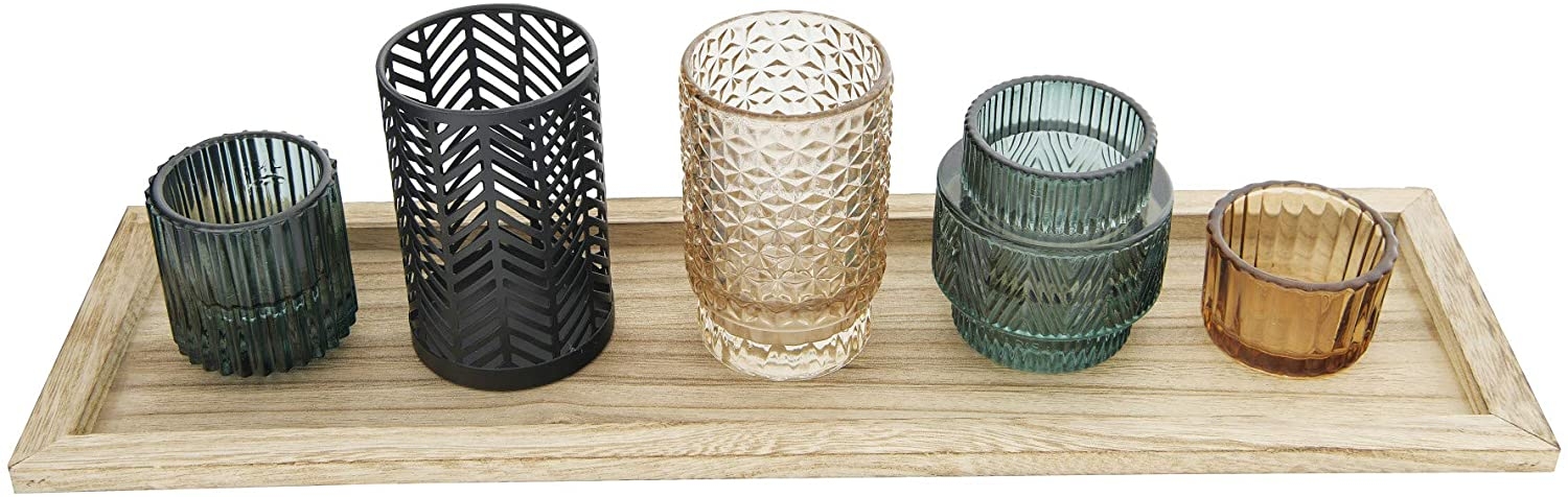 Embossed Glass & Metal Tealight Holders with Wood Tray, Set of 6 - Image 2