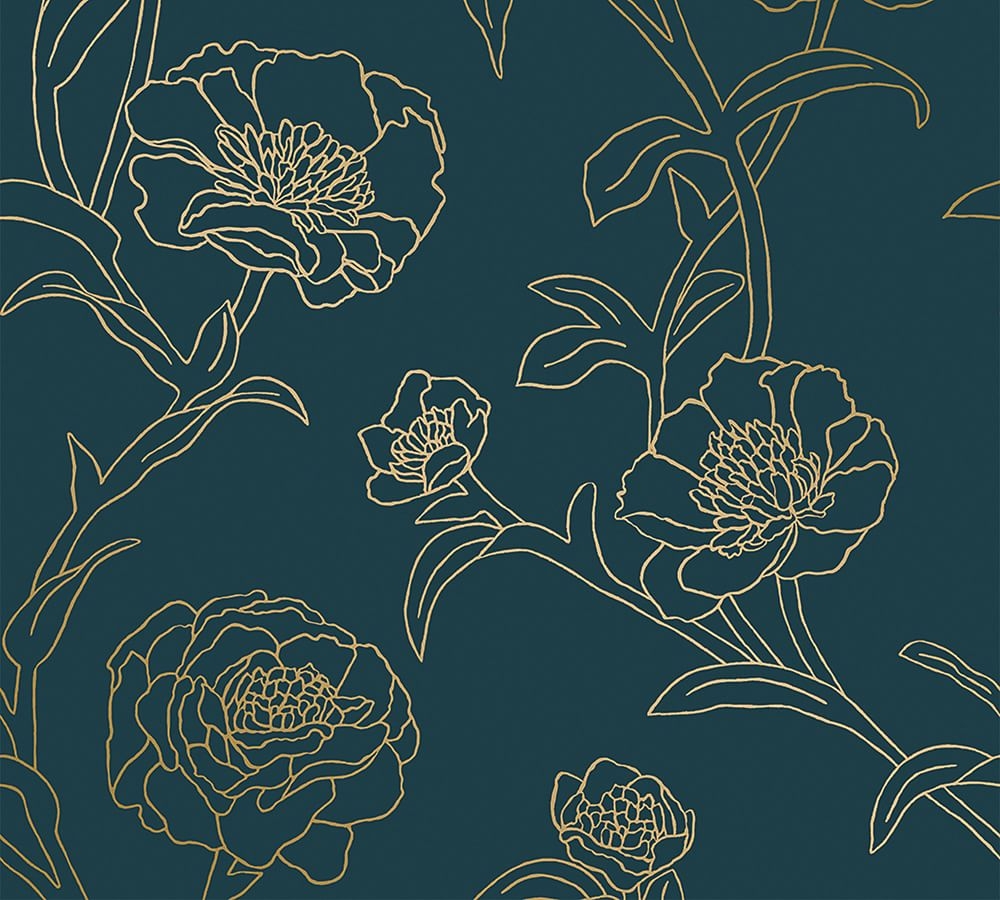 Peonies Peacock Blue/Gold Removeable Wallpaper, 28 Sq. Ft - Image 0