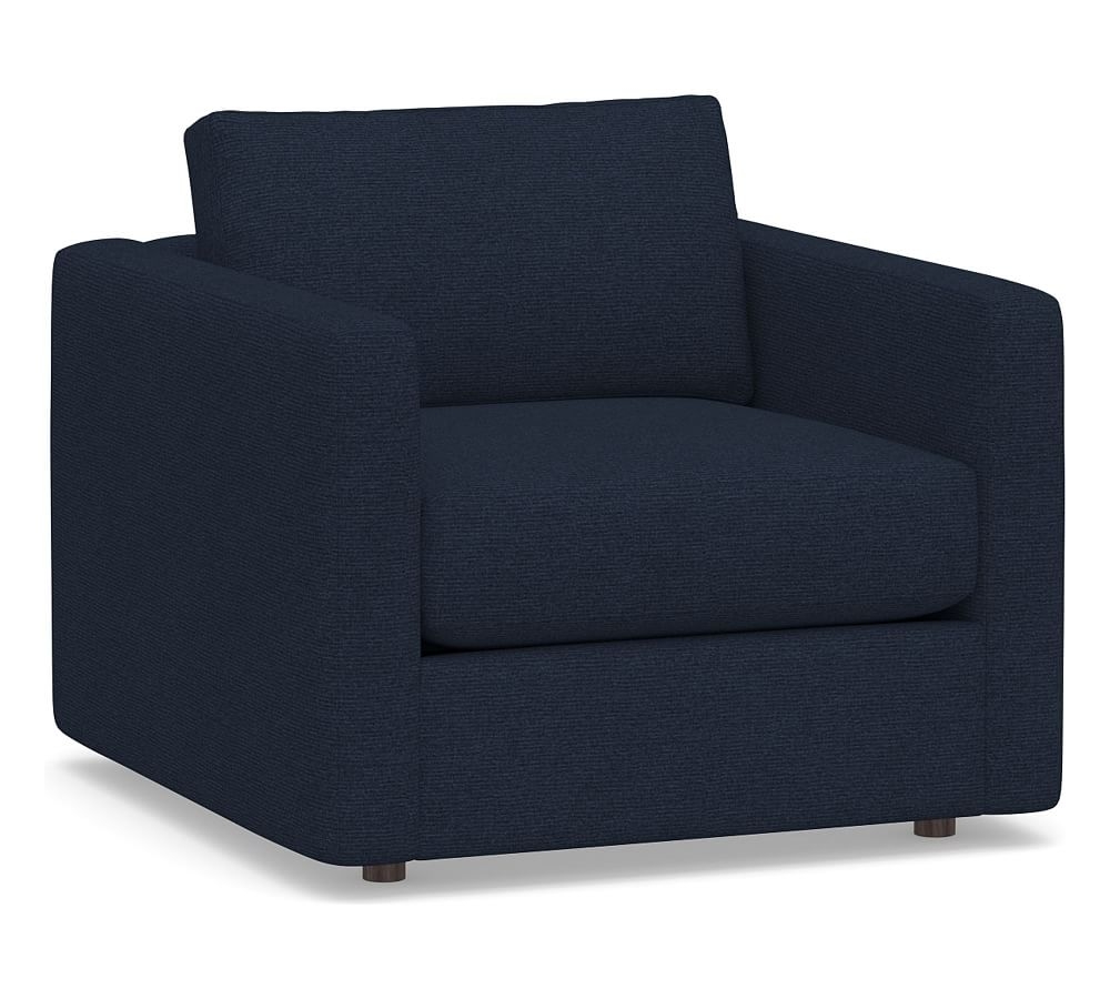 Carmel Slim Square Arm Upholstered Armchair, Down Blend Wrapped Cushions, Performance Heathered Basketweave Navy - Image 0