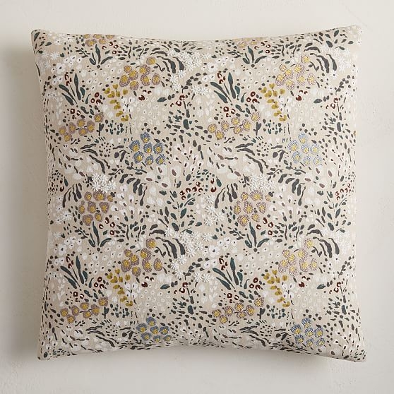 Embellished Blooms Pillow Cover, 18"x18", Natural Flax, Set of 2 - Image 0