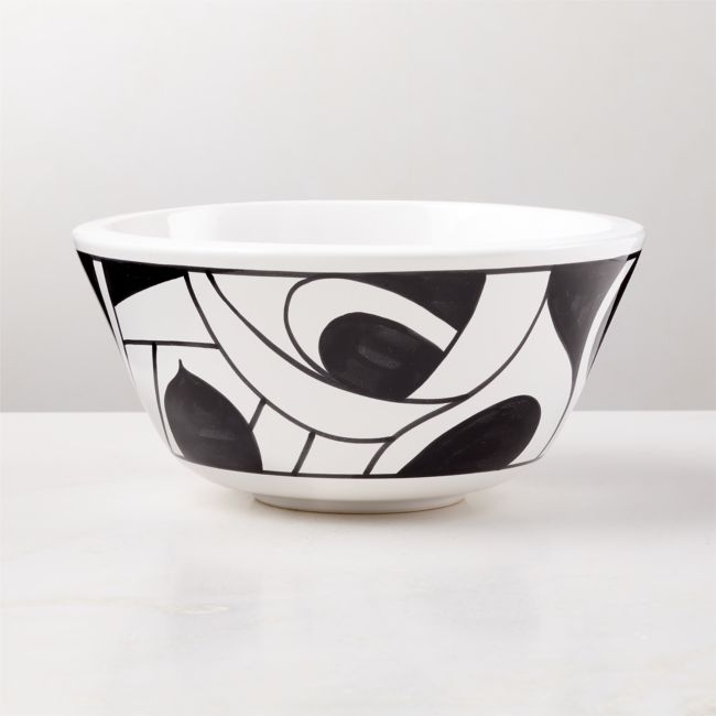 Suzu Hand Painted Ceramic White and Black Serving Bowl - Image 0
