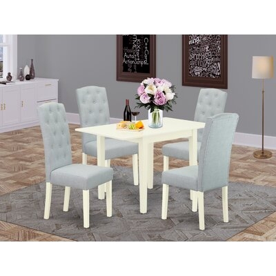 5E34EFE862694BFCBB673F72CD61B1AC Wooden Dining Table Set 3 Pc - Two Parson Dining Chairs And A Wood Table - Linen White Finish Wood - Baby Blue Color Linen Fabric - Image 0