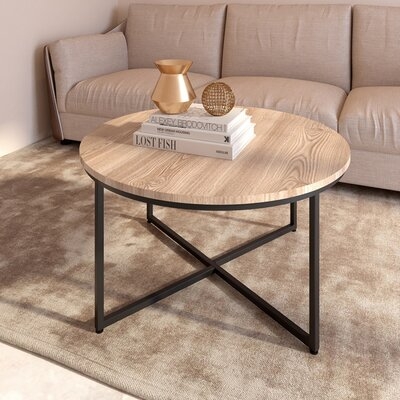 X-Shaped Legs Round Metal Coffee Table,Light Brown - Image 0