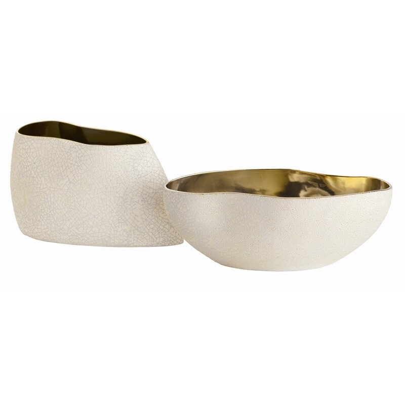 Porcelain Abstract Decorative Bowl, Ivory, Black & Gold, Set of 2 - Image 0