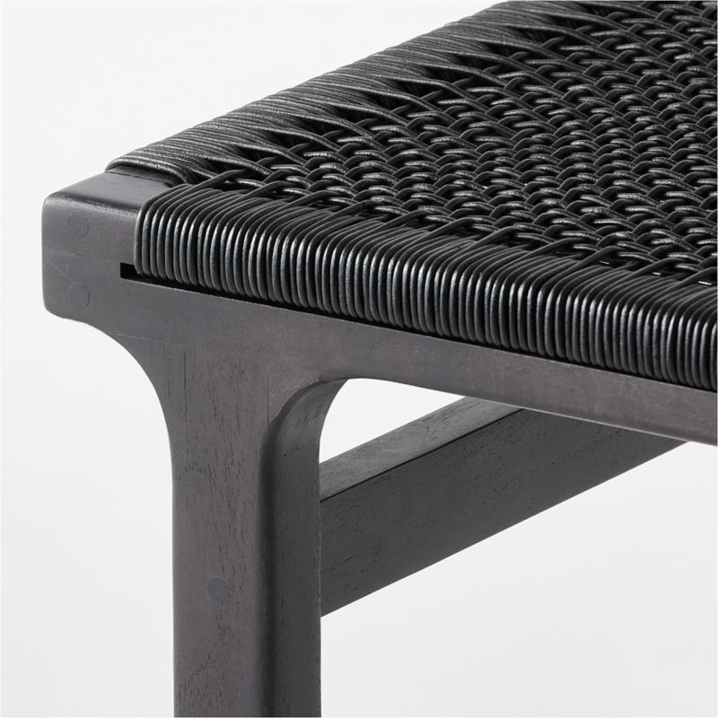 60" Black Woven Leather and Acacia Wood Bench - Image 3